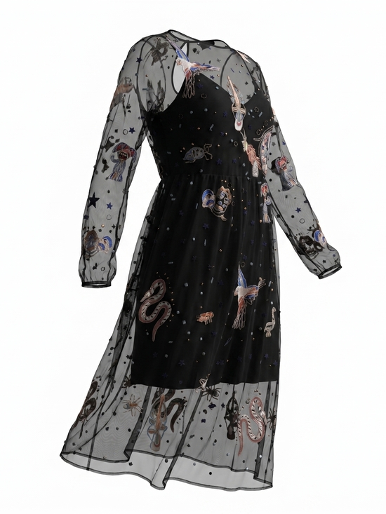 Zara Dresses & Skirts - Zara Astrological Animal Black Embroidered Sheer Long-Sleeve Midi Dress